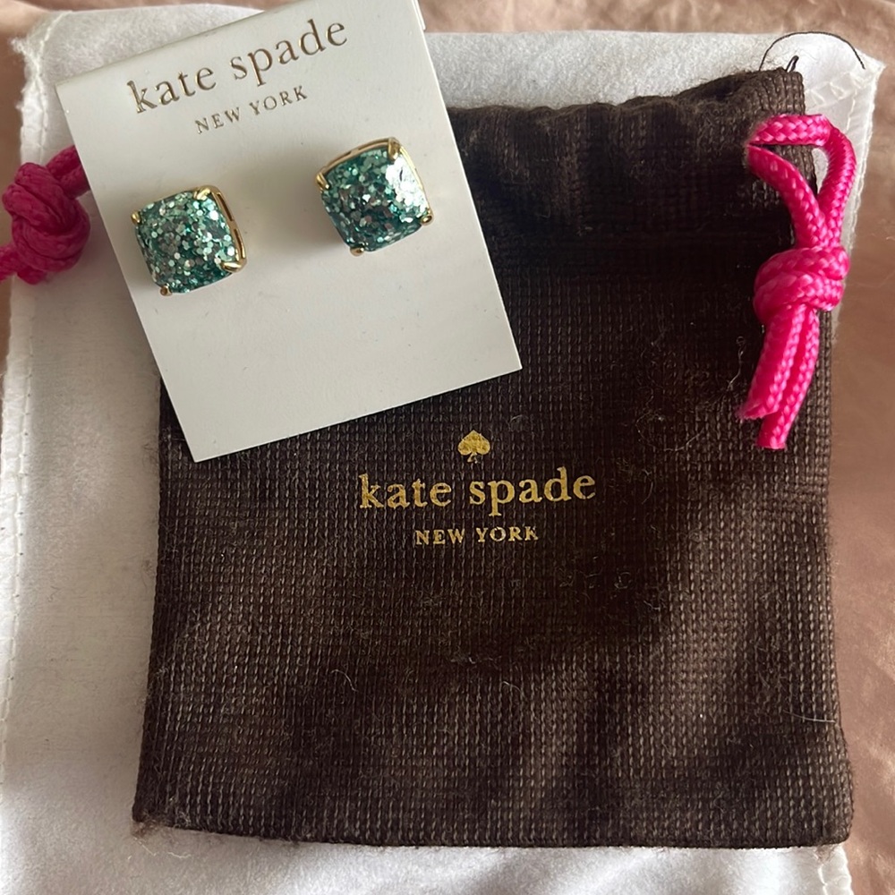 Kate Spade Small Square Studs teal glitter